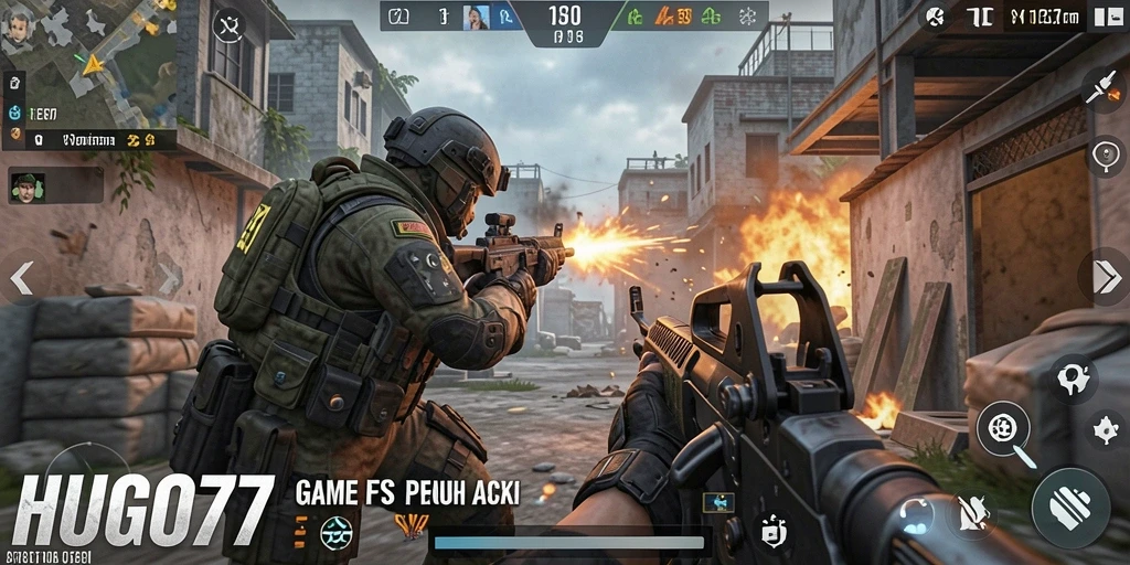 Gameplay seru HUGO77 dengan aksi tembak-menembak intens.