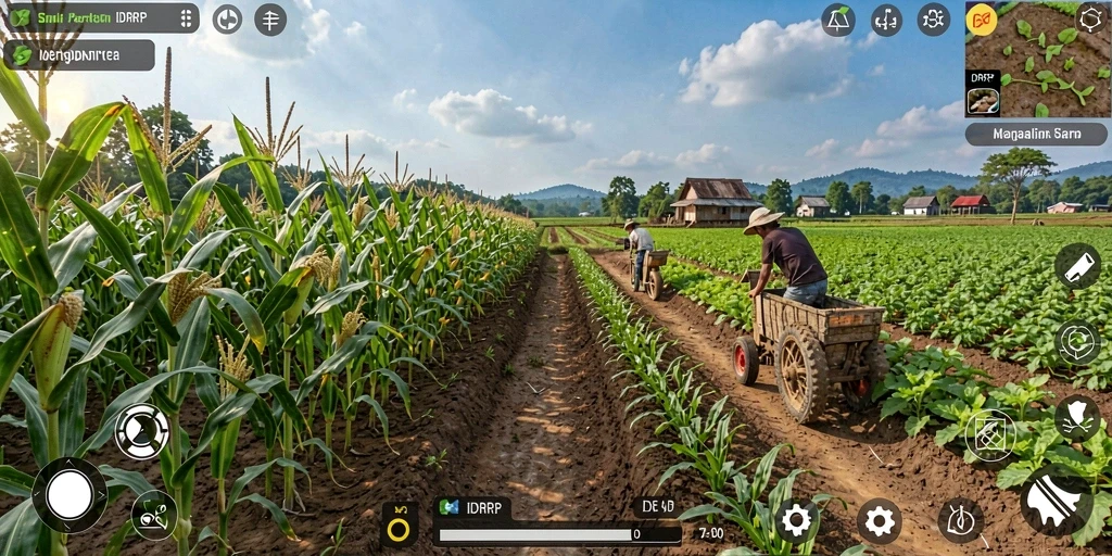 Gameplay menarik IDRRP yang menampilkan suasana pertanian yang hidup.