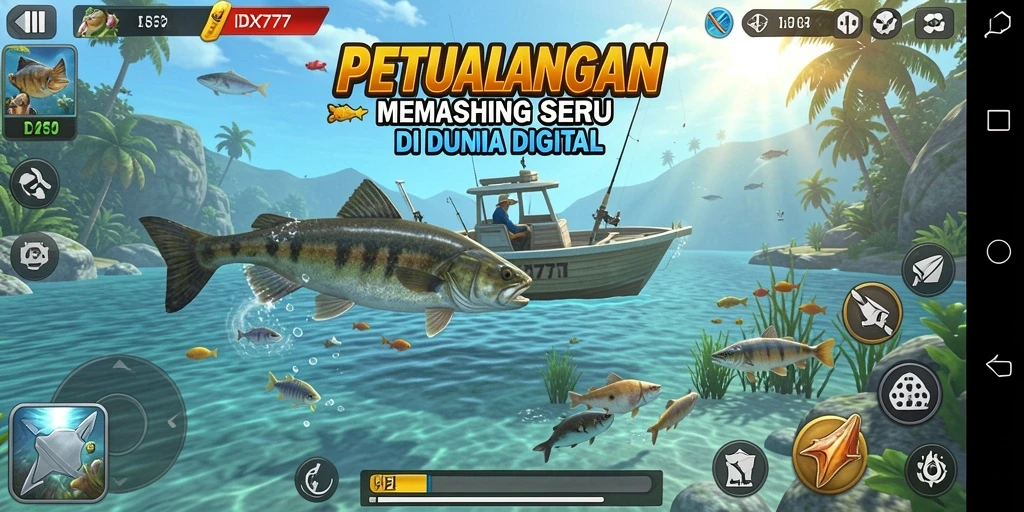 Screenshot IDX777 menampilkan pemain yang sedang memancing ikan besar.
