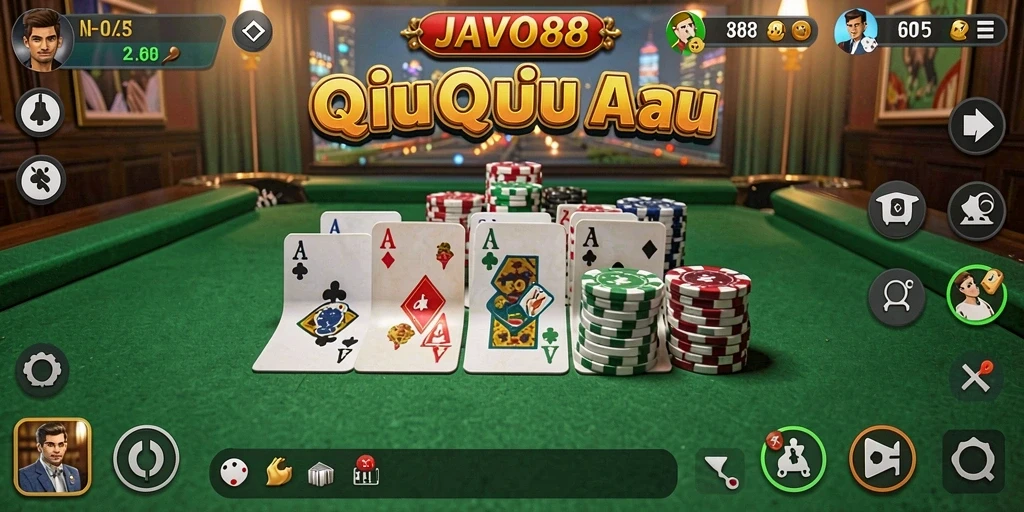 Screenshot utama JAVO88 menunjukkan gameplay QiuQiu yang seru.