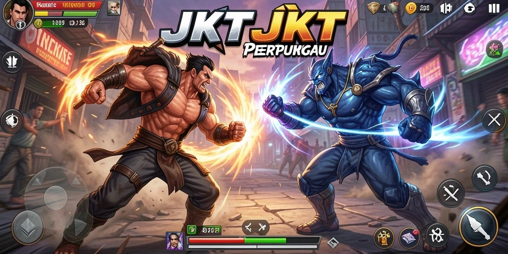 Gameplay seru JKTJKT dengan pertarungan intens antara karakter.