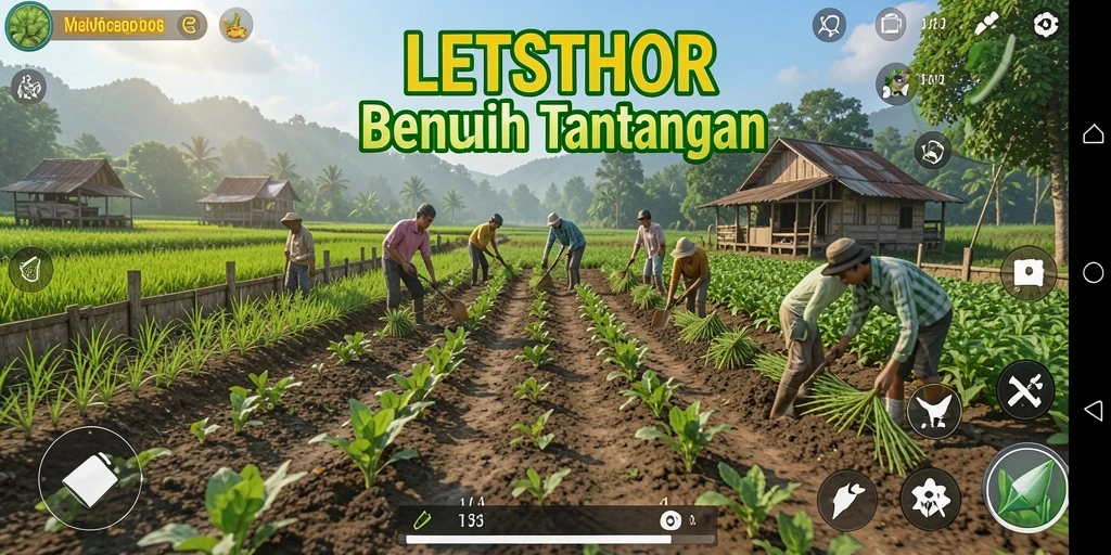 Tampilan gameplay LETSTHOR yang menampilkan petualangan pertanian.