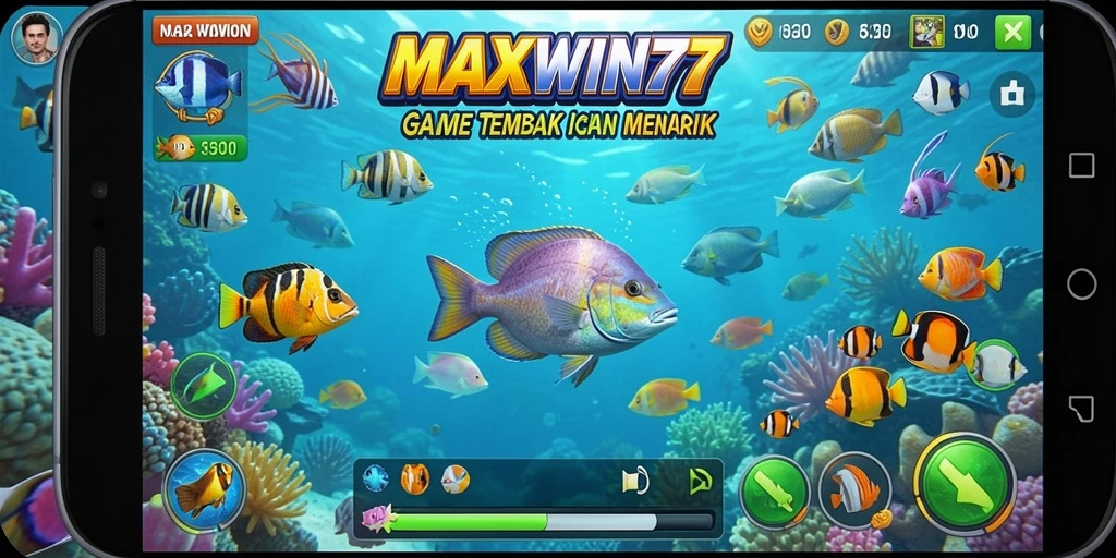 Screenshot gameplay MAXWIN77 dengan aksi tembak ikan yang seru.