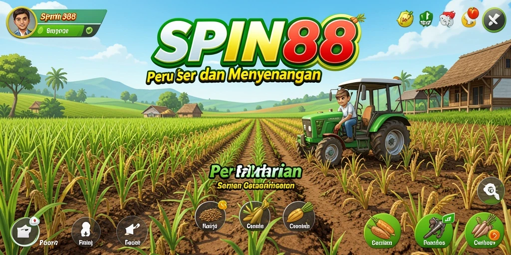 Tangkapan layar gameplay SPIN88 menampilkan ladang yang subur dan hewan ternak yang bahagia.